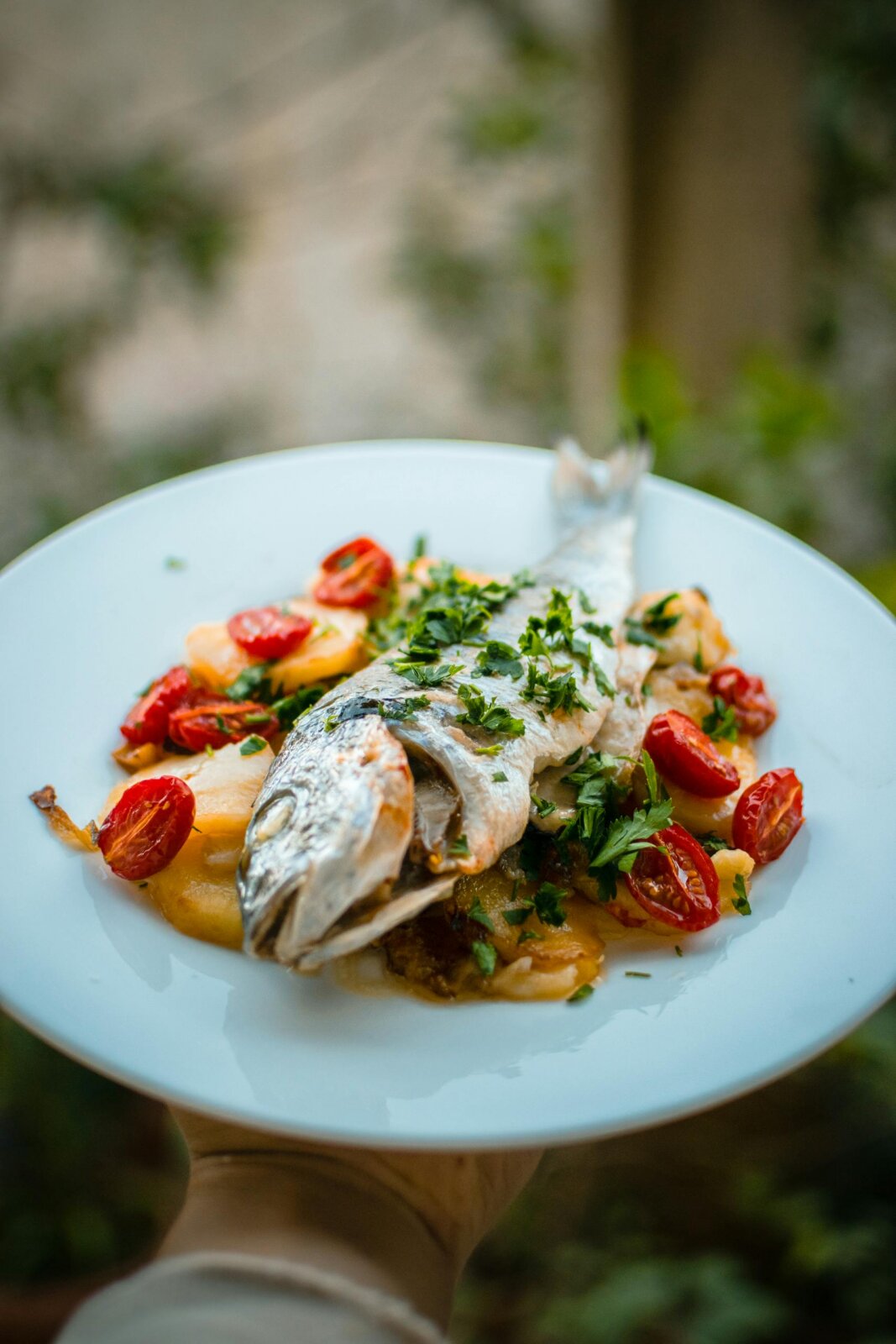 Kräuter für Fisch aus dem Ofen 1 A beautifully plated grilled fish garnished with cherry tomatoes and herbs, showcasing fine dining.