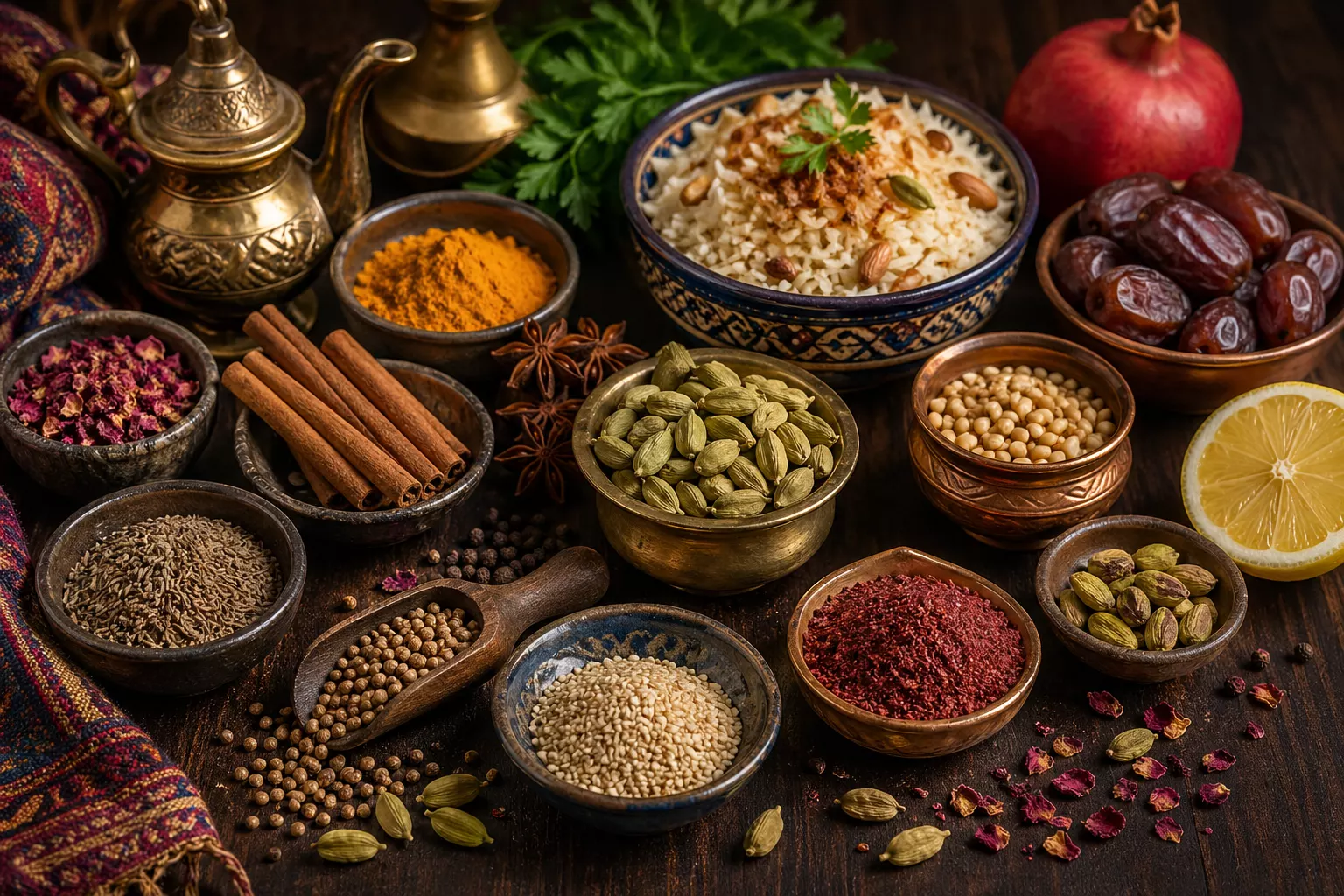 Orientalische Küche mit Gewürzen wie Kardamom Zimt Kreuzkümmel Safran Sumach und Sesam