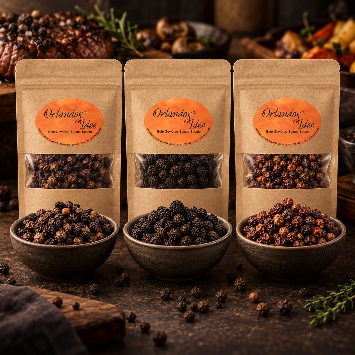 Rauch & Tiefe – Pfeffer Set für kräftige Küche 1 Pfeffer Set für Fleisch mit geräuchertem Malabar, Assam und Tellicherry Pfeffer